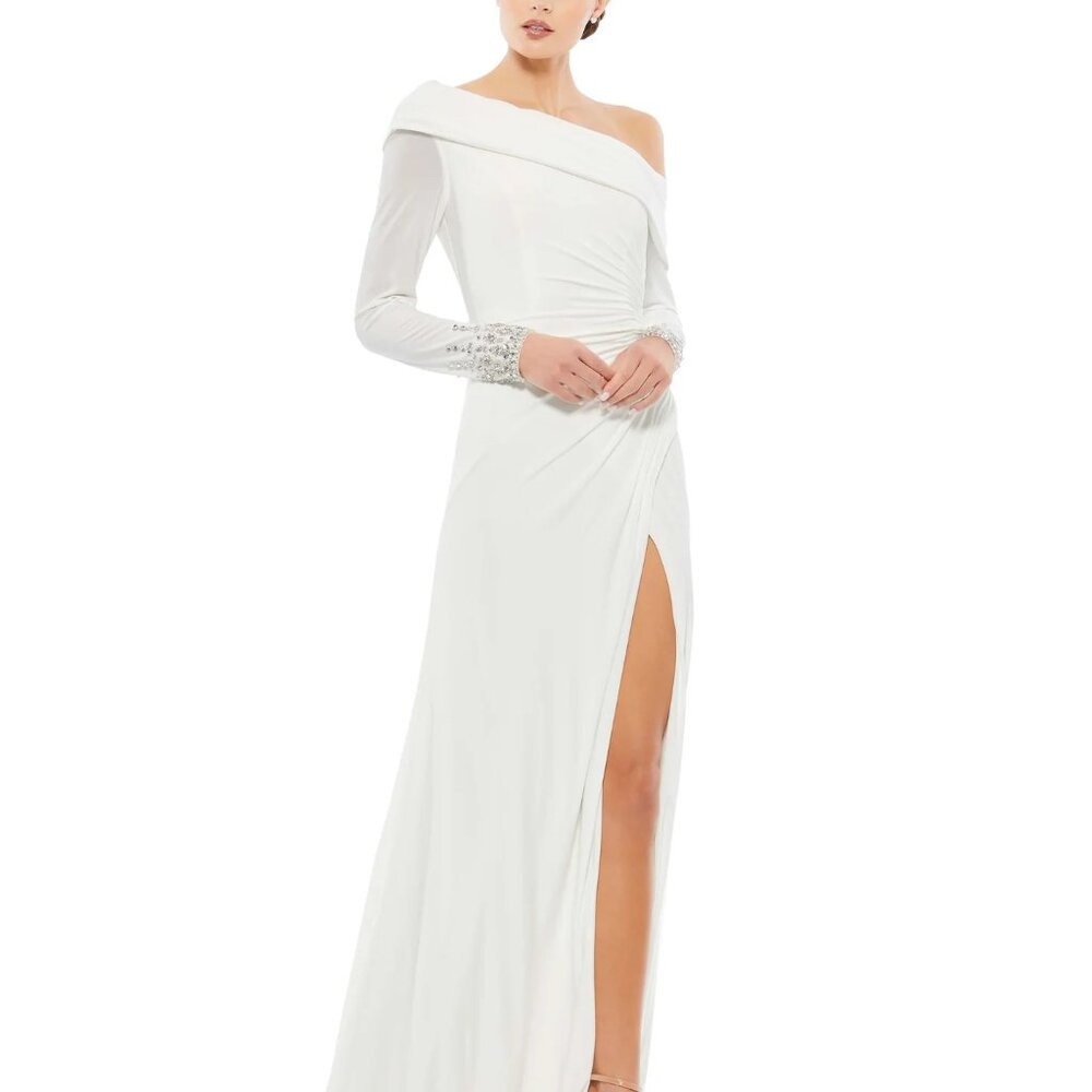 NWT | Mac‎ Duggal 12231 Beaded Cuff Drop Shoulder Faux Wrap Gown White Size 12